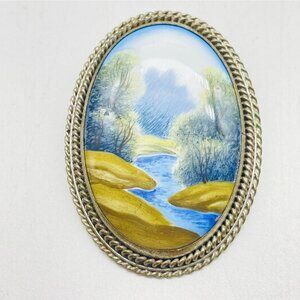 Vintage Hand Painted Scenic Landscape Brooch Oval Pin Art Collectible Nature